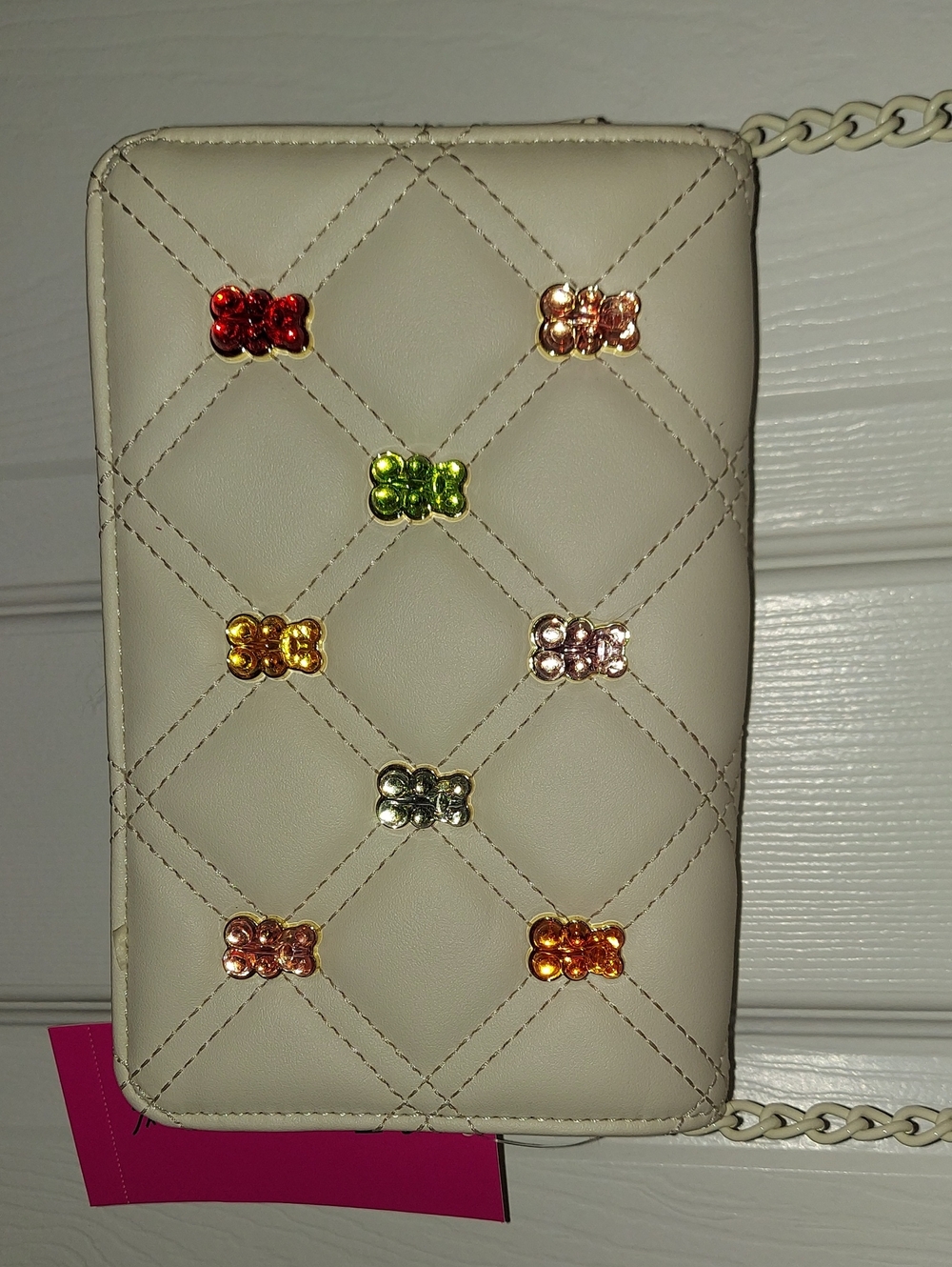 Nwt Betsey Johnson White Quilted Crossbody with Multicolored Gummy Bear Studs